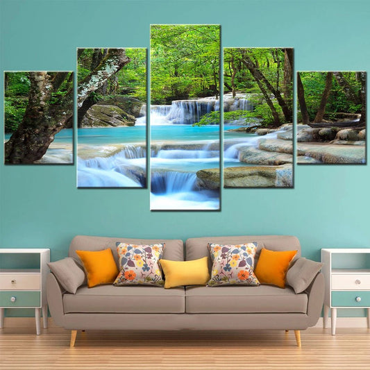 Forest Waterfall Landscape Canvas Art 5pc | Wall Pictures Home Decor - VarietyGifts