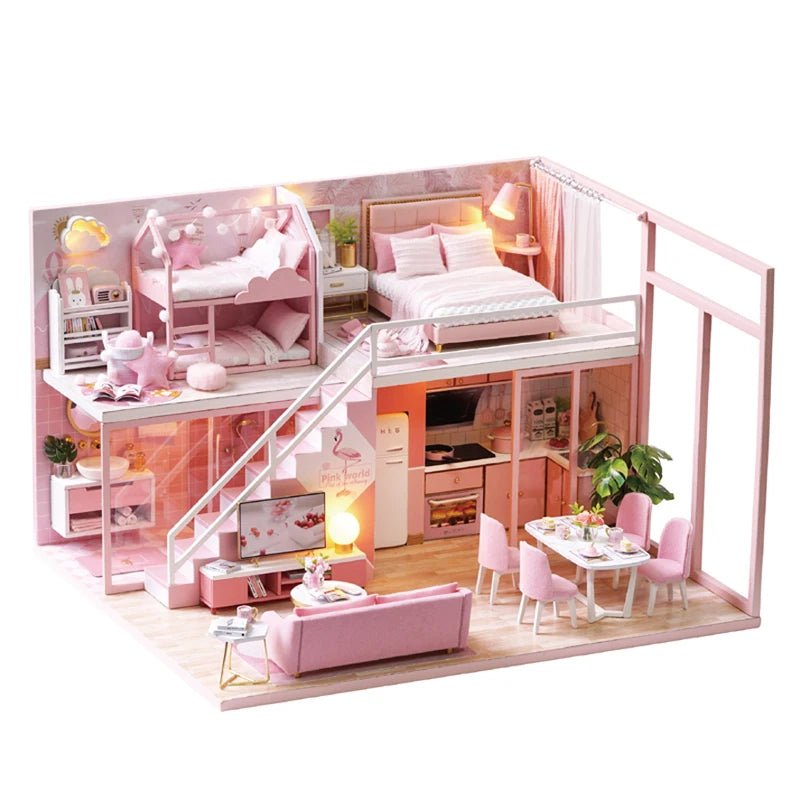 Girls Wooden Doll House | Mini Furniture Dollhouse, Kids Playhouse - VarietyGifts