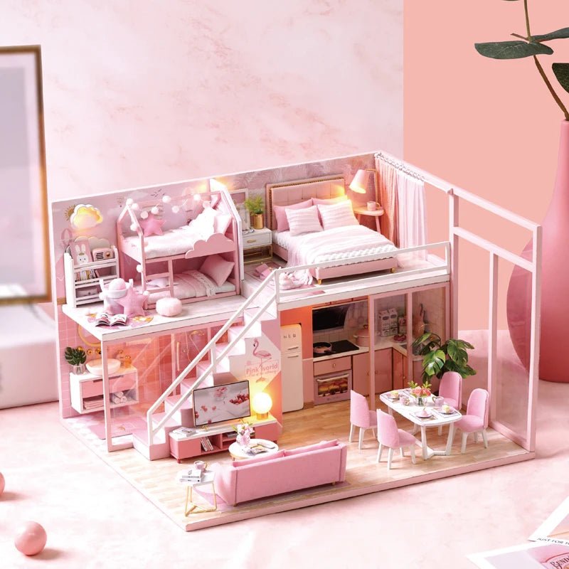 Girls Wooden Doll House | Mini Furniture Dollhouse, Kids Playhouse - VarietyGifts