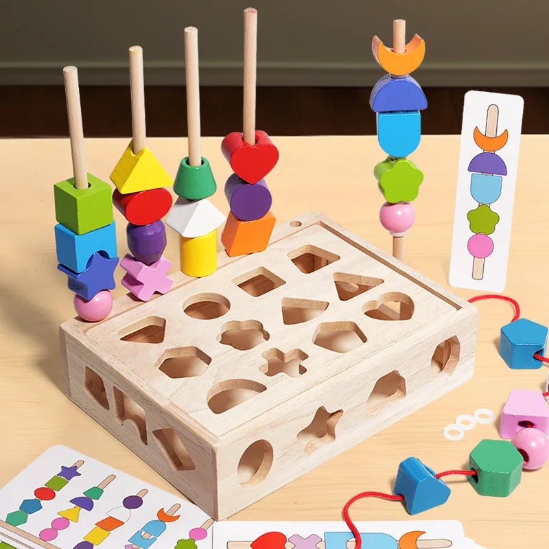 Montessori Wooden Bead Stacking Toy | Colourful Beaded Shape Cognition - VarietyGifts