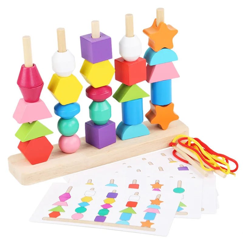 Montessori Wooden Bead Stacking Toy | Colourful Beaded Shape Cognition - VarietyGifts