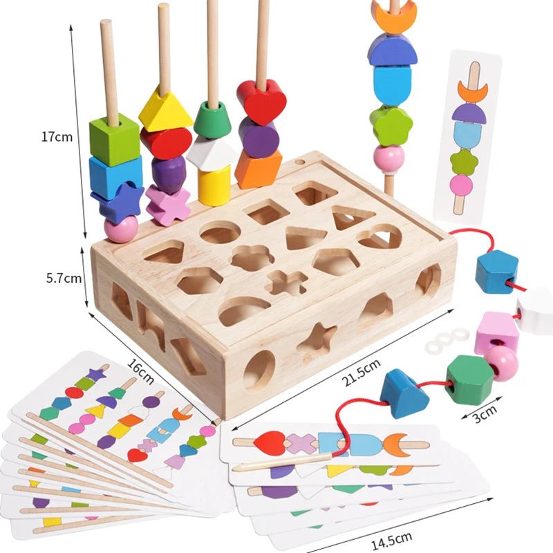 Montessori Wooden Bead Stacking Toy | Colourful Beaded Shape Cognition - VarietyGifts