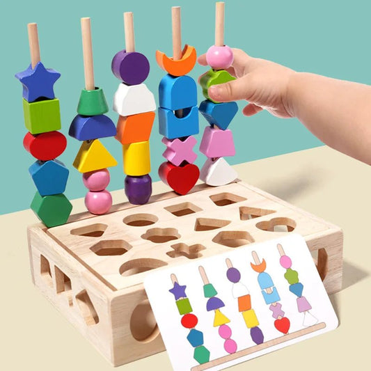Montessori Wooden Bead Stacking Toy | Colourful Beaded Shape Cognition - VarietyGifts