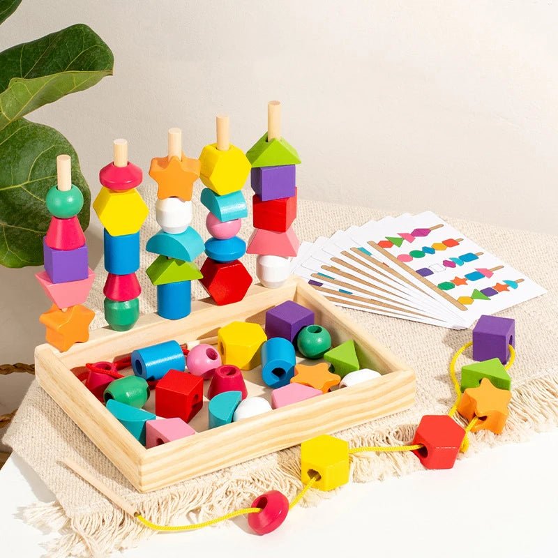 Montessori Wooden Bead Stacking Toy | Colourful Beaded Shape Cognition - VarietyGifts