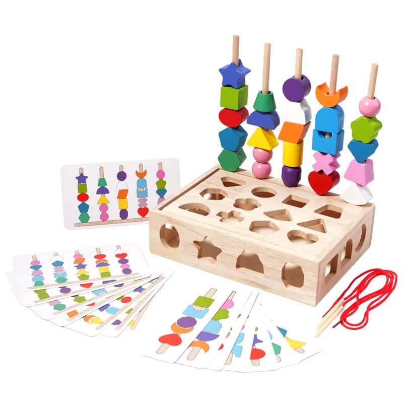 Montessori Wooden Bead Stacking Toy | Colourful Beaded Shape Cognition - VarietyGifts