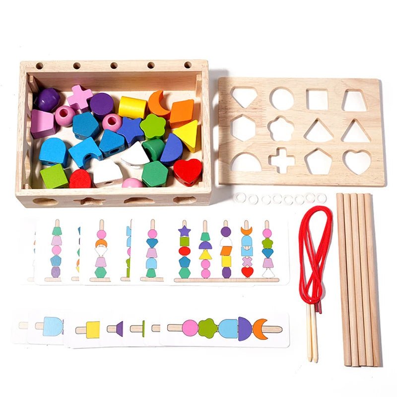 Montessori Wooden Bead Stacking Toy | Colourful Beaded Shape Cognition - VarietyGifts