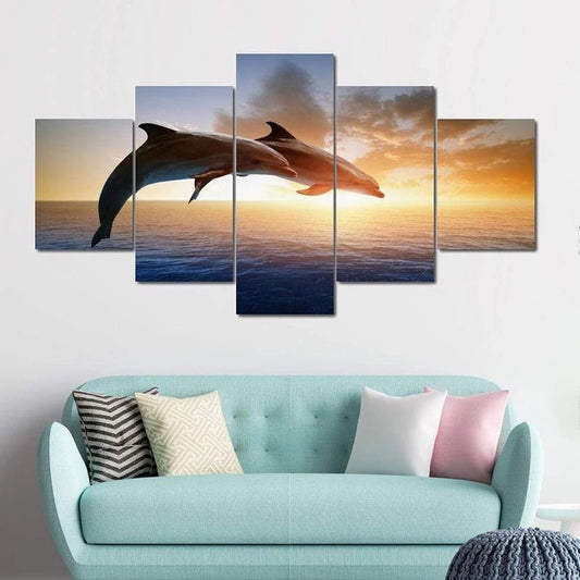 Two Dolphins Jumping Canvas Painting 5pc | Beautiful Poster Wall Art - VarietyGifts